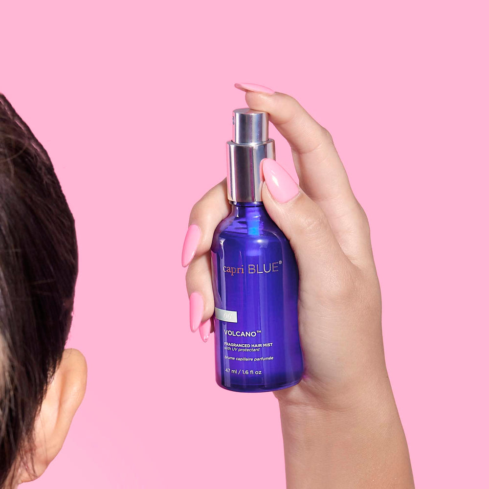 Capri Blue Volcano hair mist with rice bran oil for moisturized hair.
