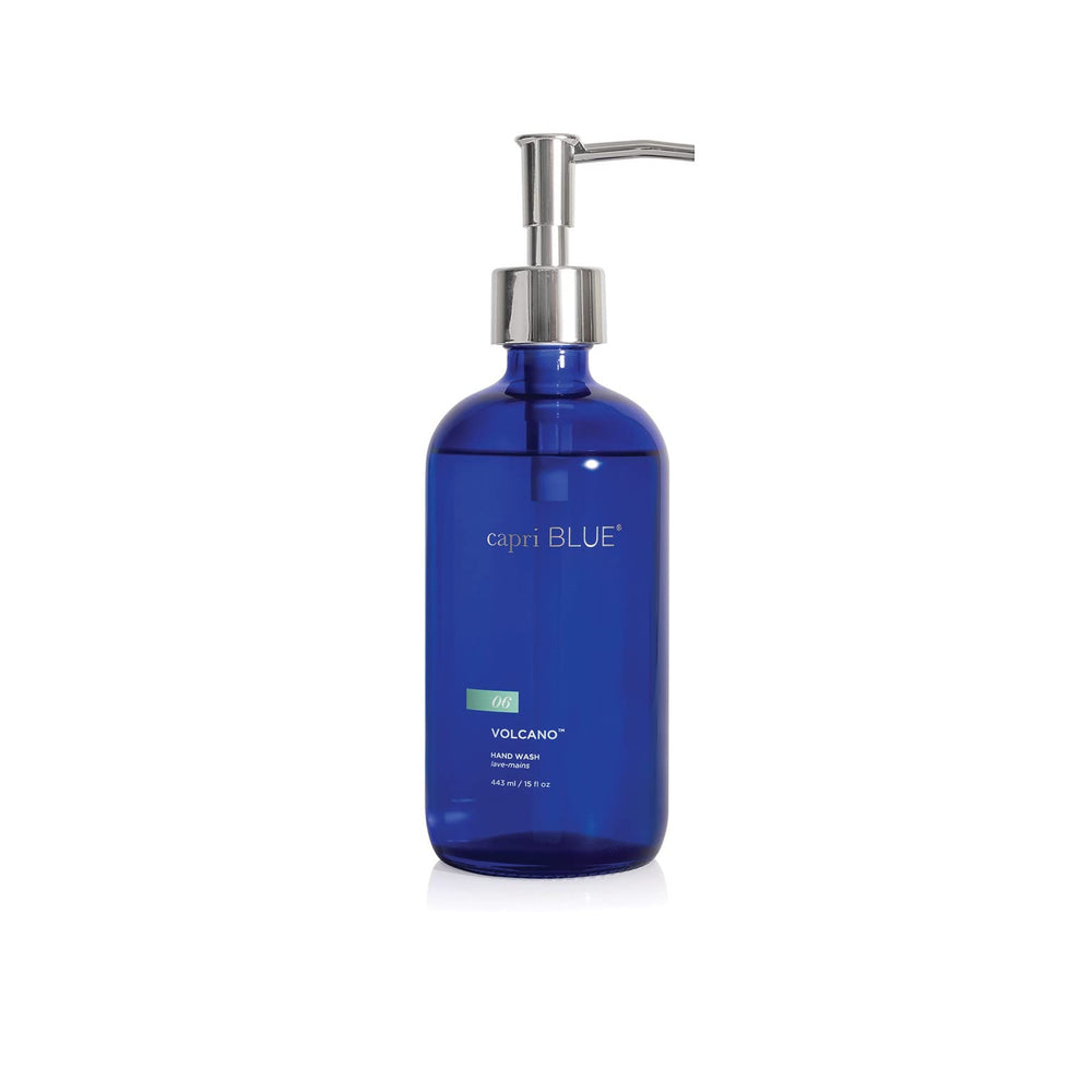 Capri Blue Volcano hand wash bottle closeup highlighting the cobalt glass for stylish sink decor