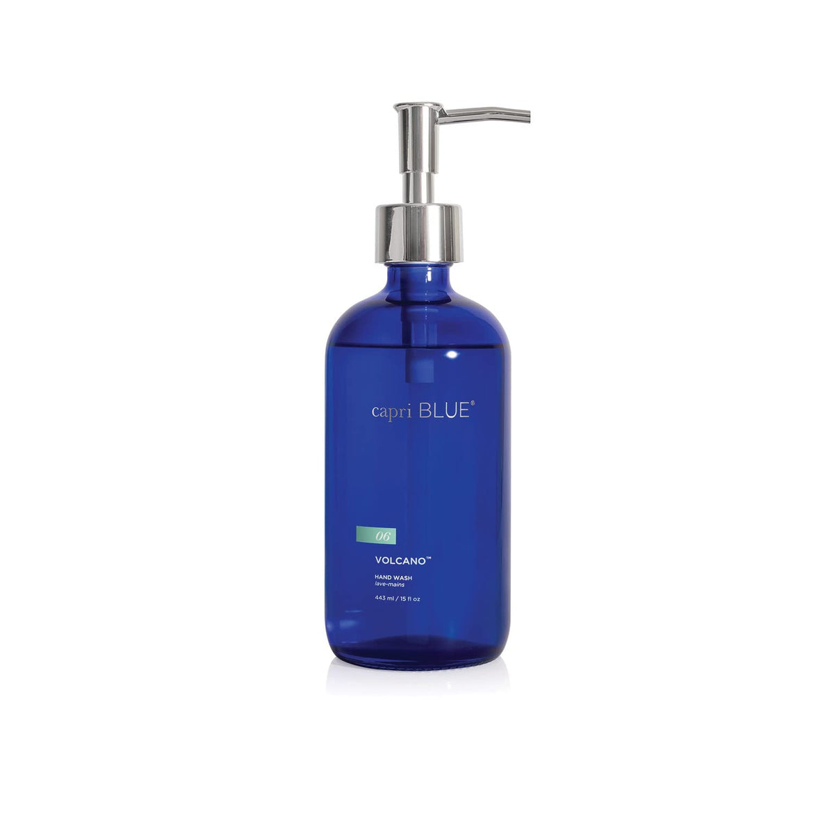 Capri Blue Volcano hand wash bottle closeup highlighting the cobalt glass for stylish sink decor