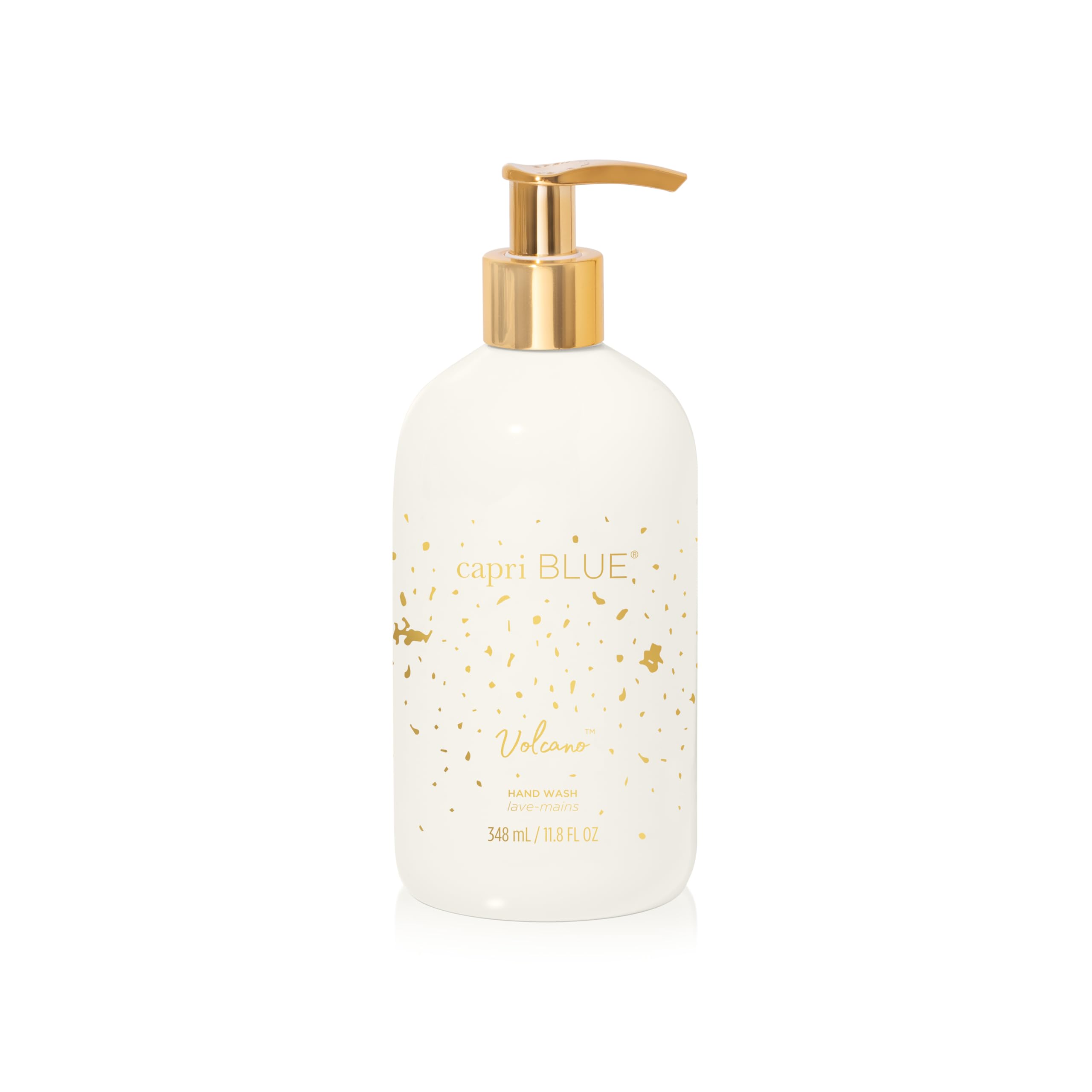 Capri Blue Volcano hand wash bottle front with premium gold detailing for stylish counters