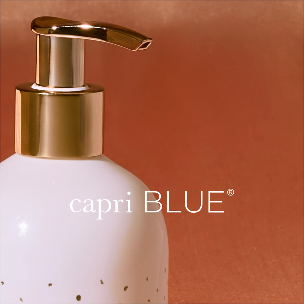 Capri Blue Volcano label with gold trim signals vegan, cruelty-free care