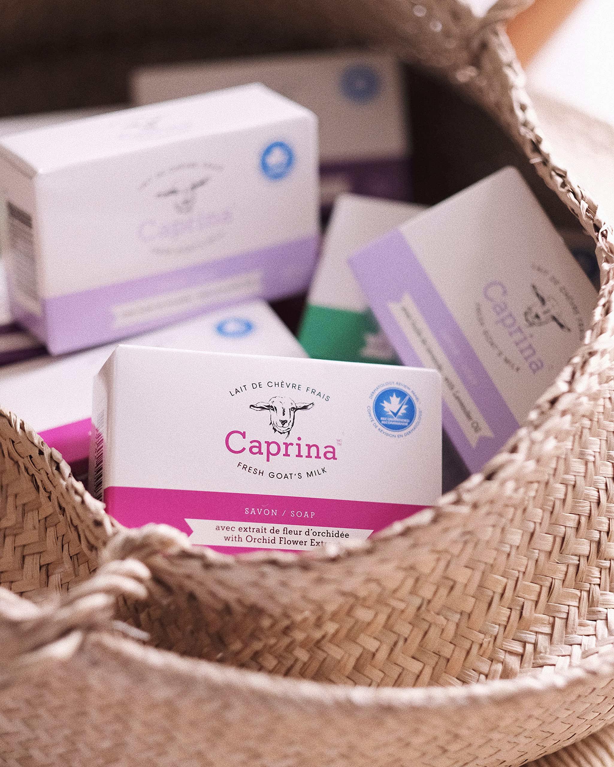 Caprina goats-milk bar ingredients closeup highlights vitamins nourishing skin.