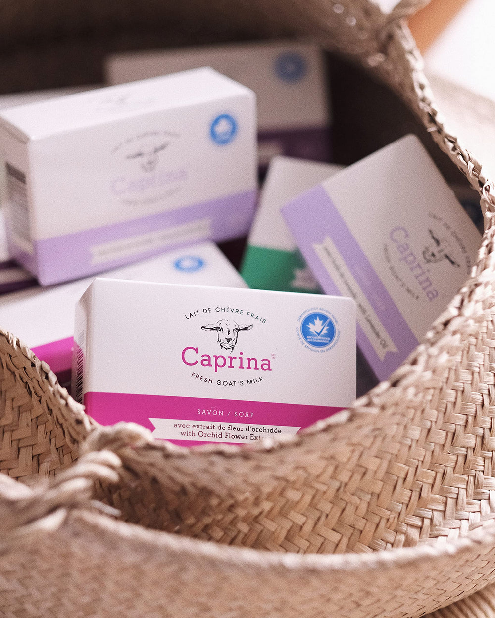 Caprina goats-milk bar ingredients closeup highlights vitamins nourishing skin.