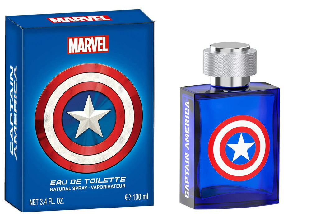 Captain America Marvel EDT bottle front with premium glass and bold branding.