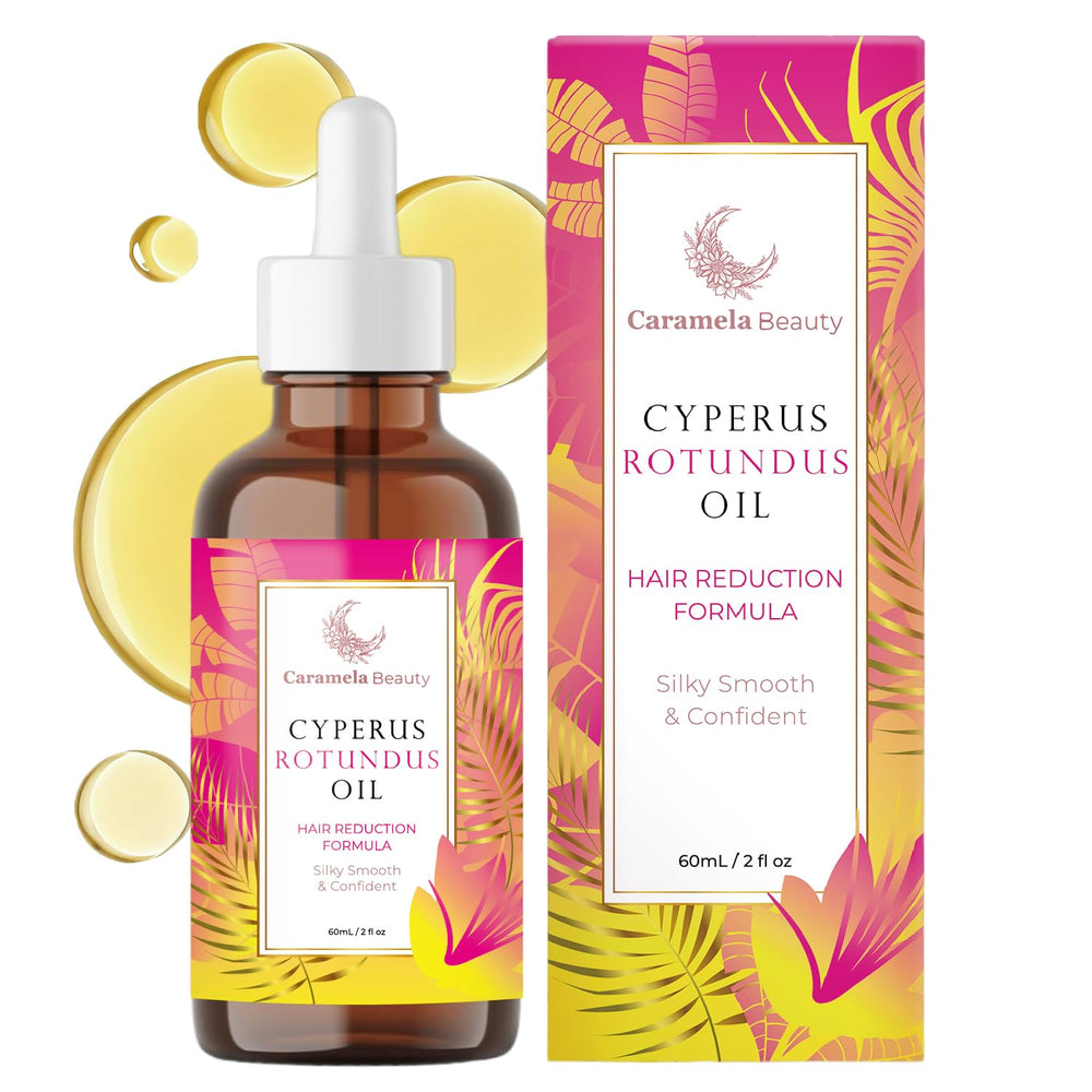 Caramela Beauty Cyperus Rotundus Oil bottle shows a natural hair-softening formula for smoother skin.