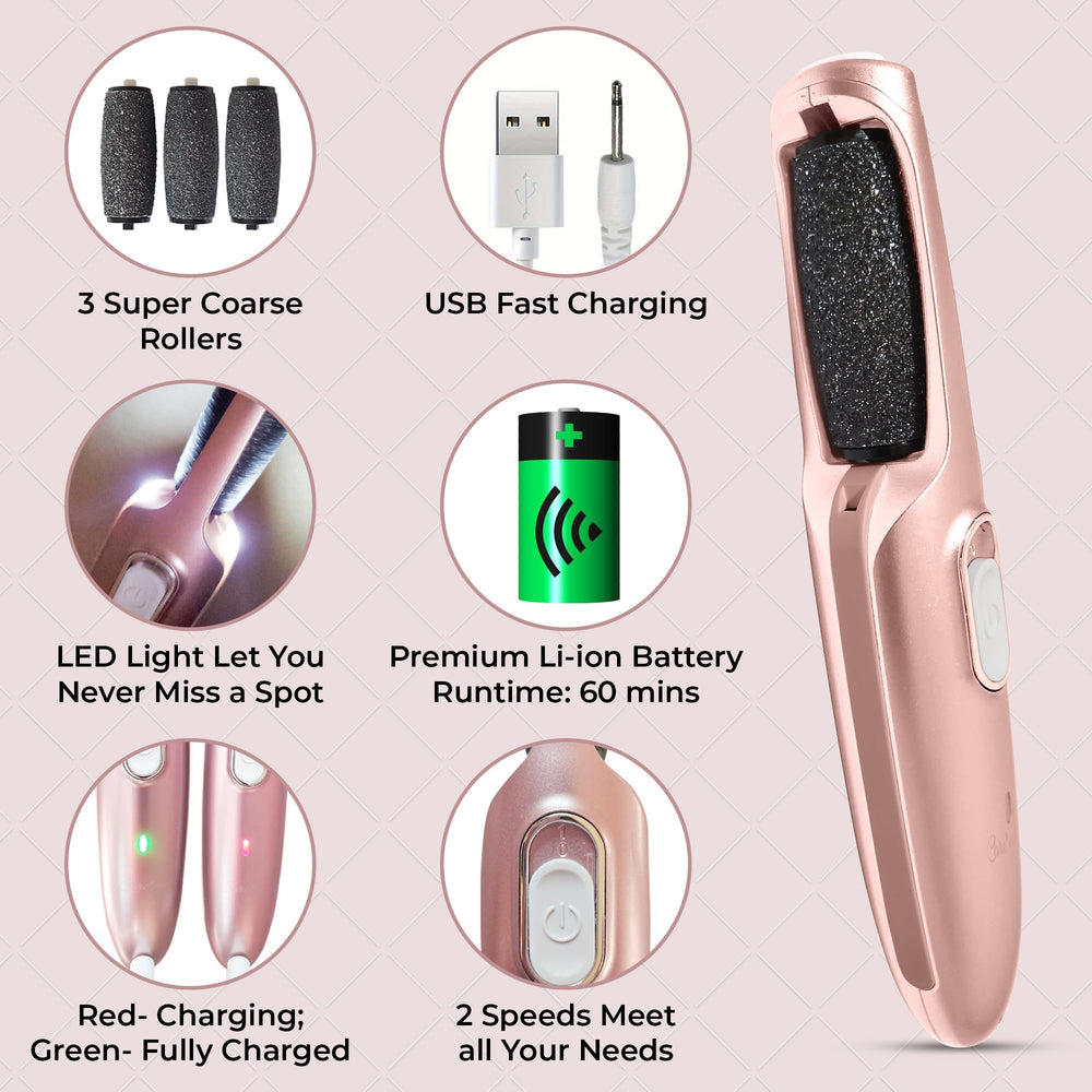 Care me diamond roller head enables tough calluses to soften with precise grinding.