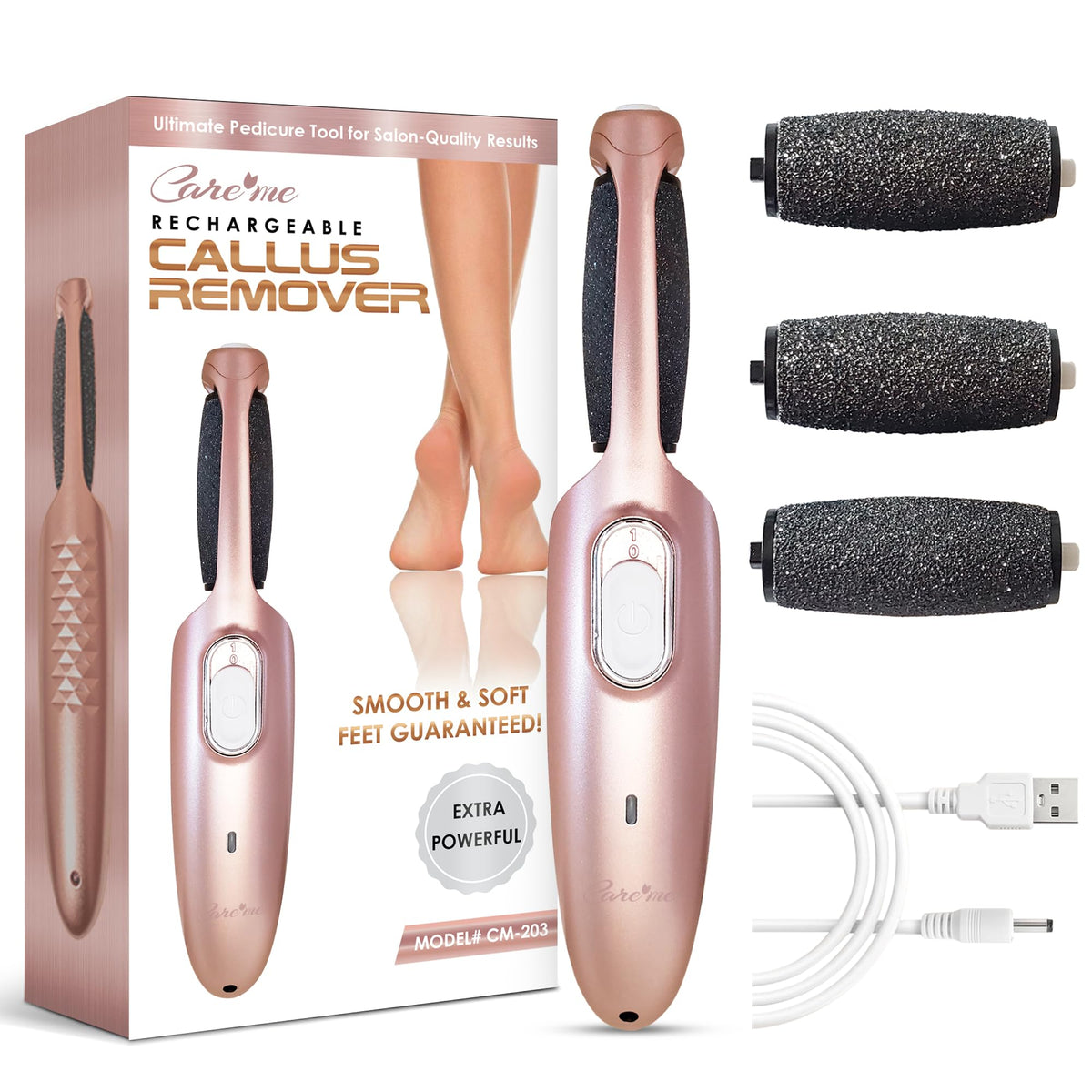 Care me electric callus remover wand rose gold ready for at-home smoothing and foot care.