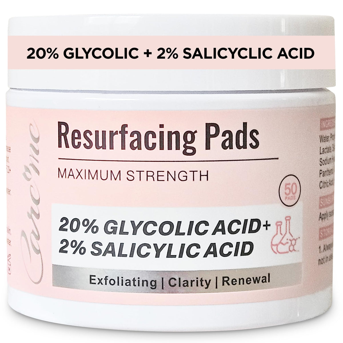 Care Me glycolic-acid pads packaging close-up showcasing premium formula for radiant skin.