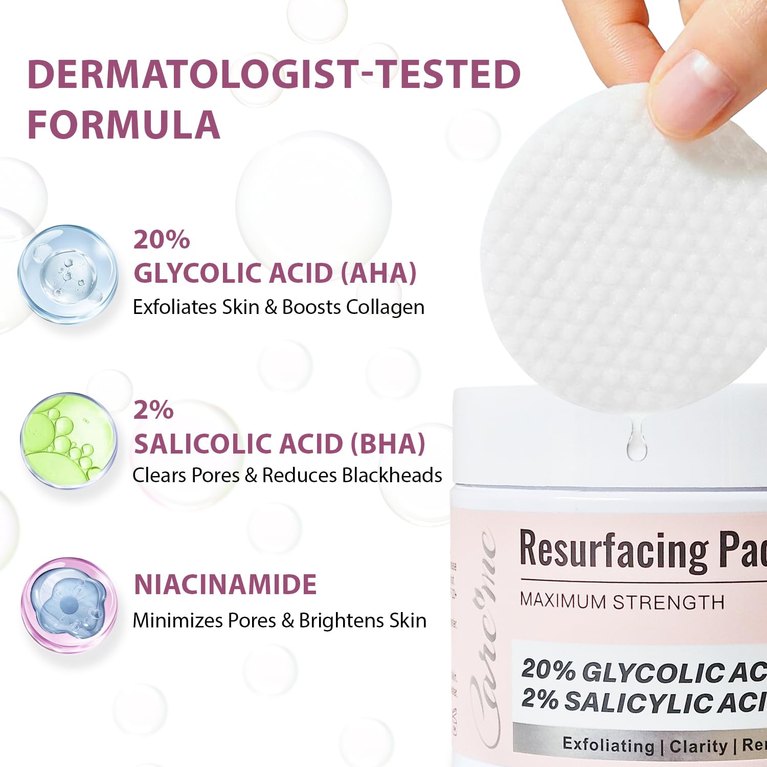 Care Me glycolic-salicylic pads being applied on the face for refined texture.