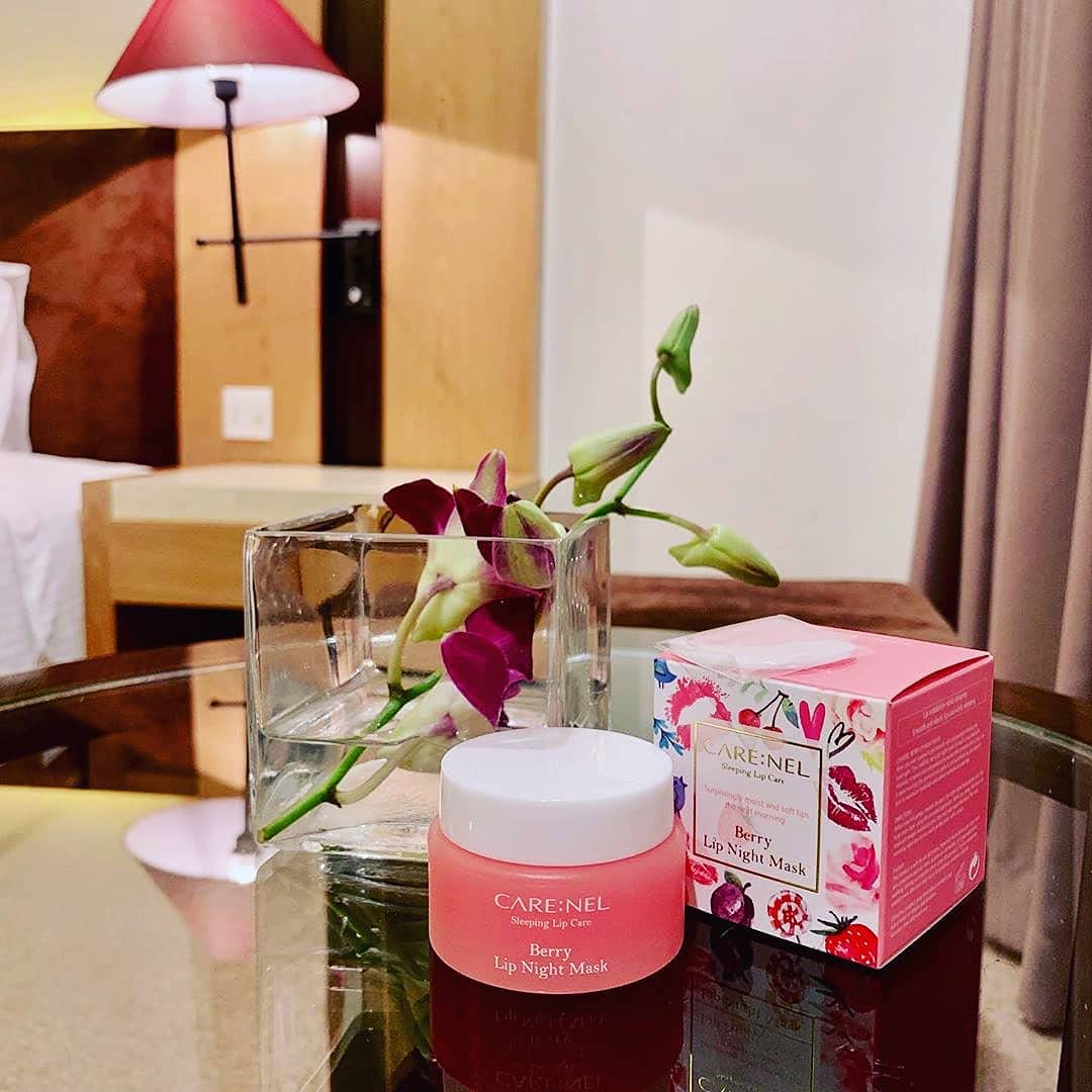 CARE:NEL lip mask with faint berry fragrance, non-sticky feel.