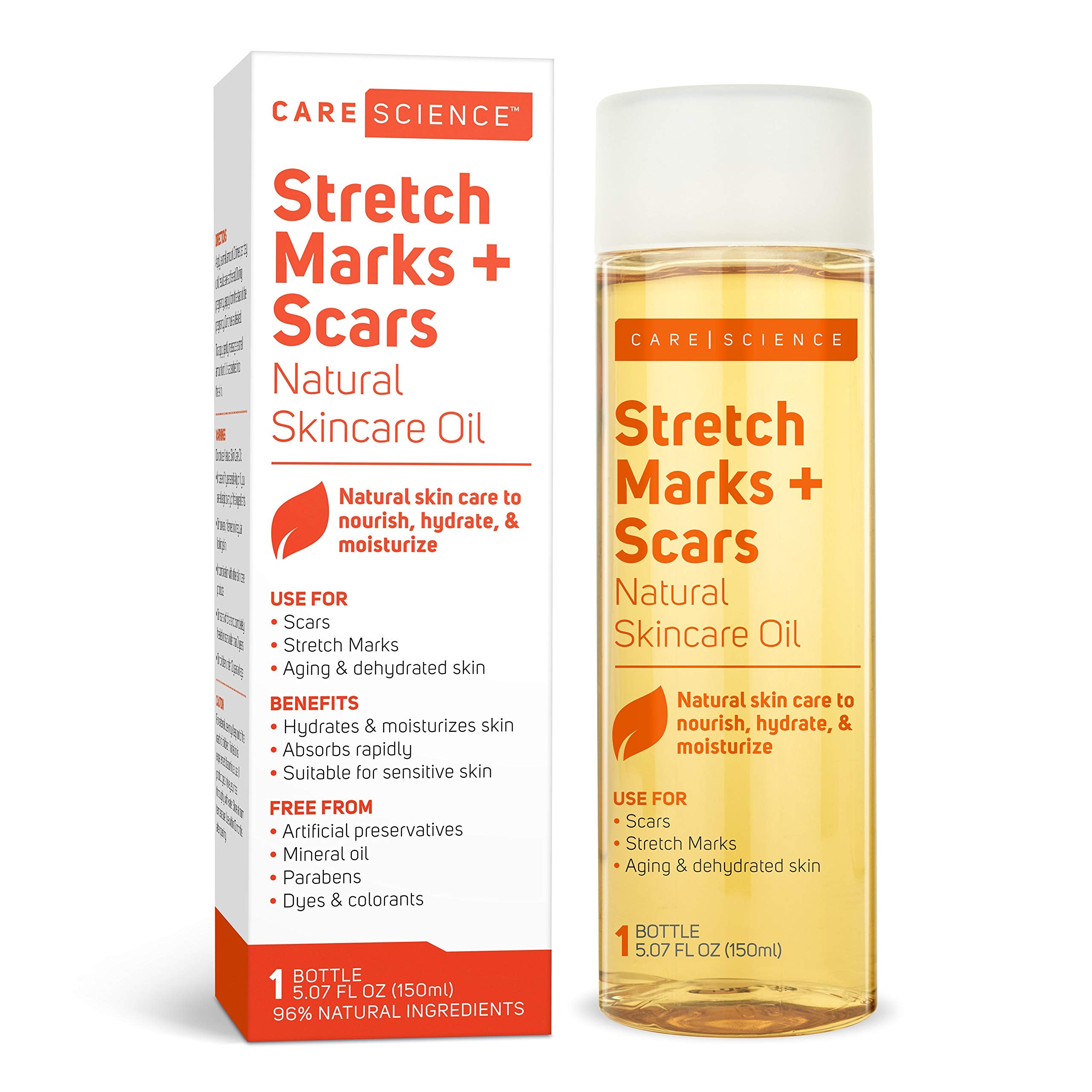 Care Science body oil serum bottle on shelf for scars and stretch marks.