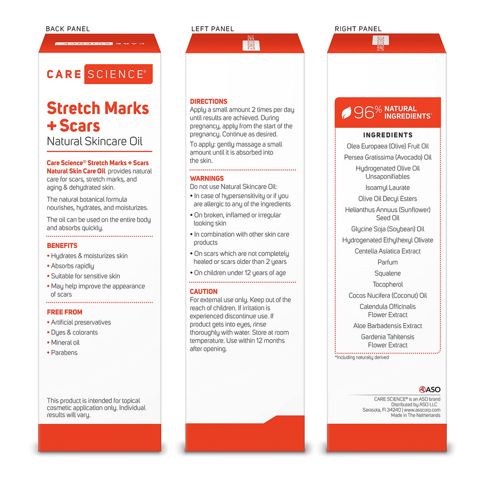 Care Science no-preservatives label close-up signaling natural, preservative-free formula.