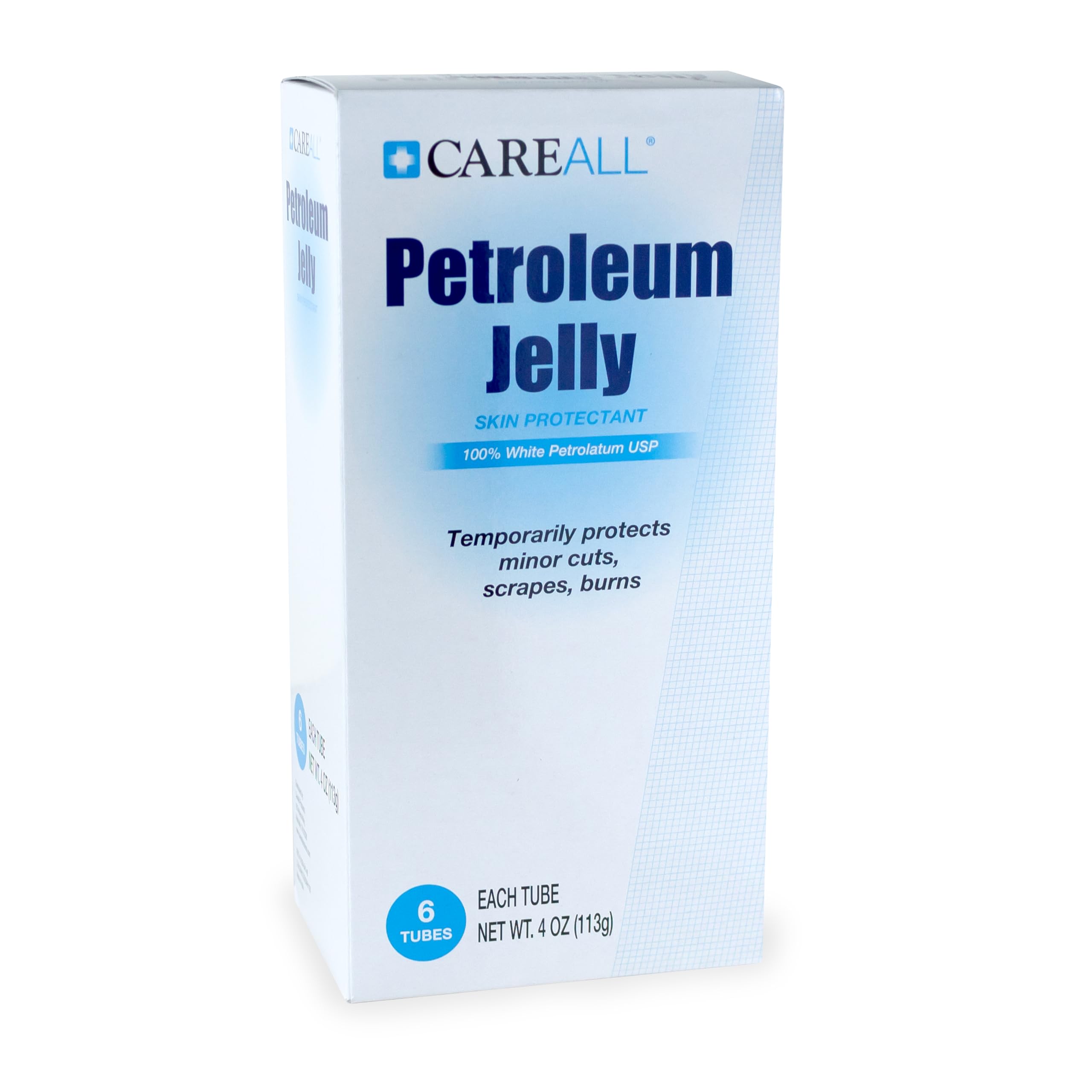 CareAll petroleum jelly 4oz tube applied to skin shows barrier against cracking and dryness.