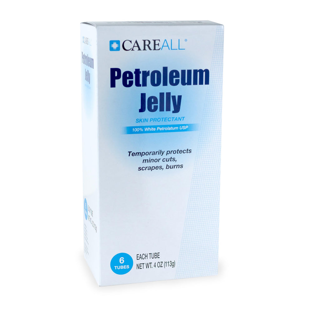 CareAll petroleum jelly 4oz tube applied to skin shows barrier against cracking and dryness.