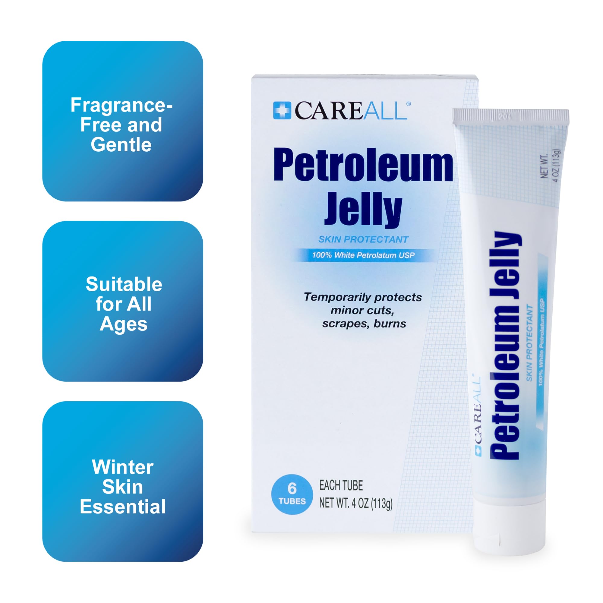 CareAll petroleum jelly 4oz tube label closeup highlights fragrance-free formula for sensitive skin.