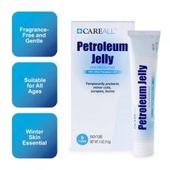 CareAll petroleum jelly 4oz tube label closeup highlights fragrance-free formula for sensitive skin.