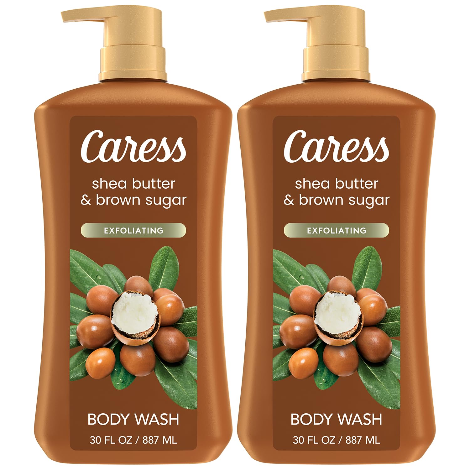 Caress body wash bottle pour with shea butter and brown sugar for hydrated skin.
