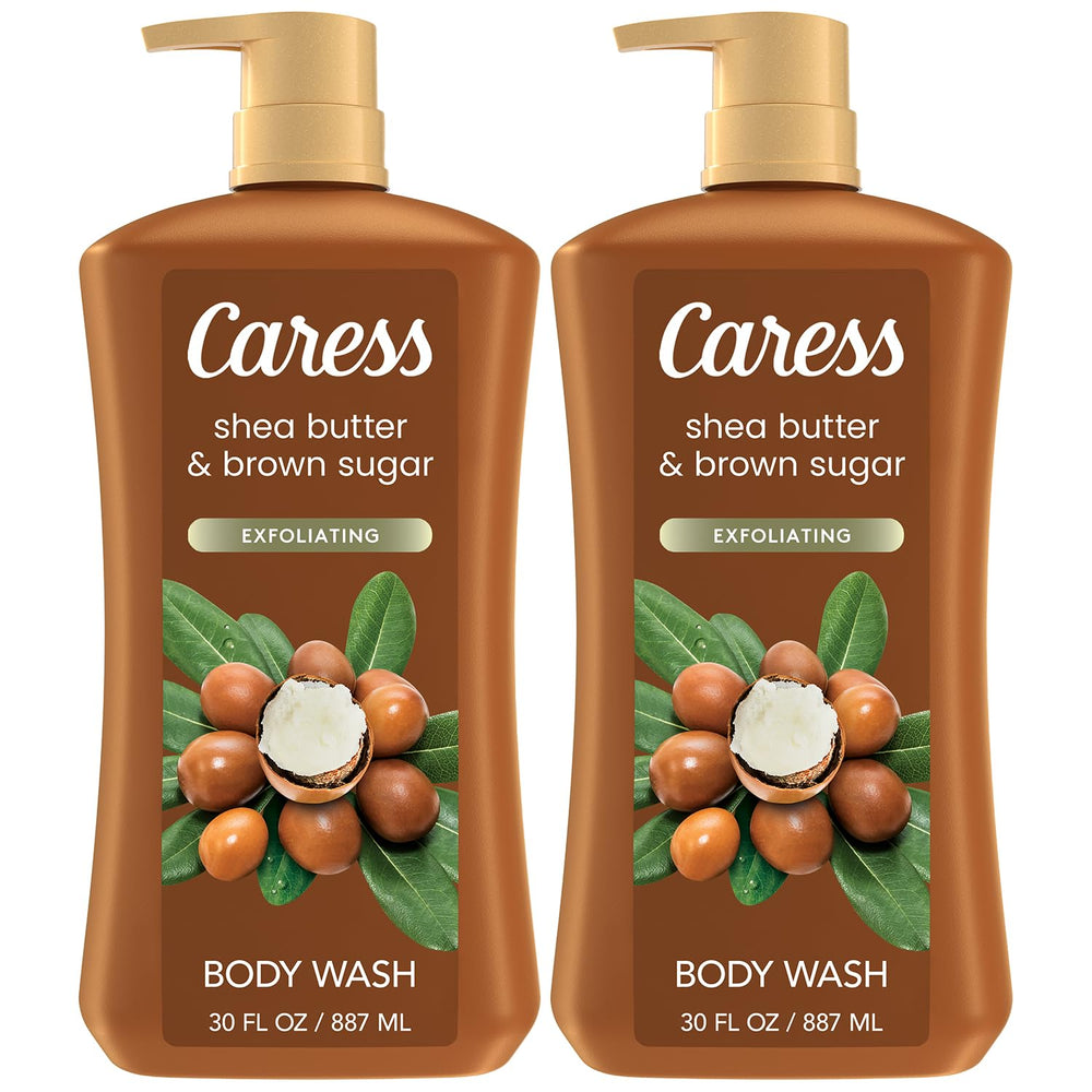 Caress body wash bottle pour with shea butter and brown sugar for hydrated skin.