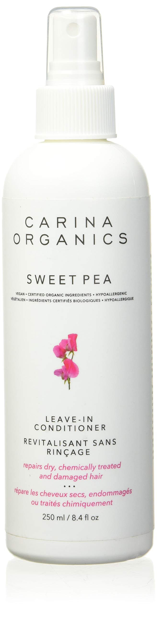 Carina Organics Sweet Pea Leave-In Conditioner bottle shows detangling-ready hydration for all hair types