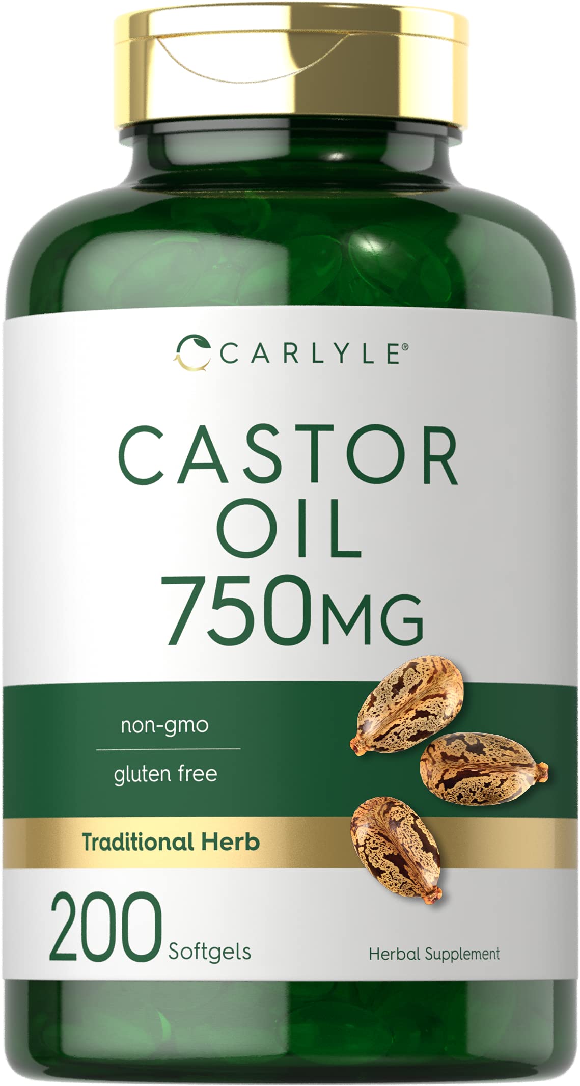 Carlyle Castor Oil 750mg bottle close-up on label for trusted quality