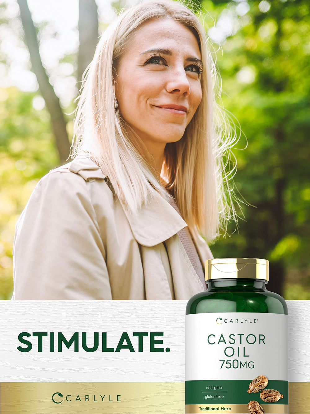 Carlyle Castor Oil glass bottle shot emphasizing oil freshness and clarity