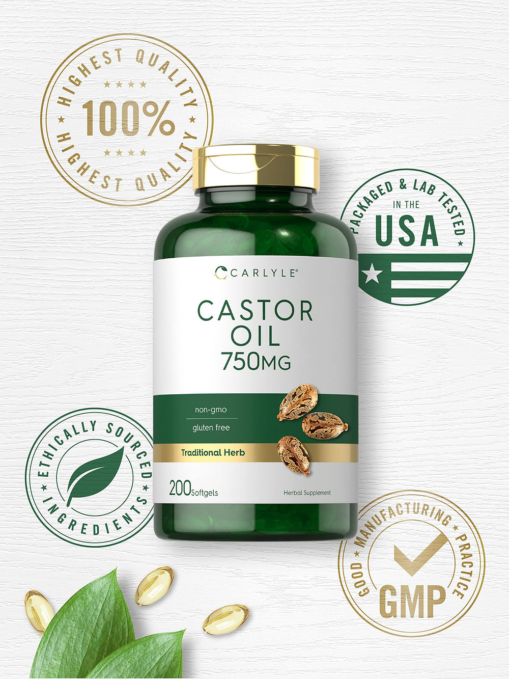Carlyle Castor Oil ingredients panel highlights Non-GMO and gluten-free features