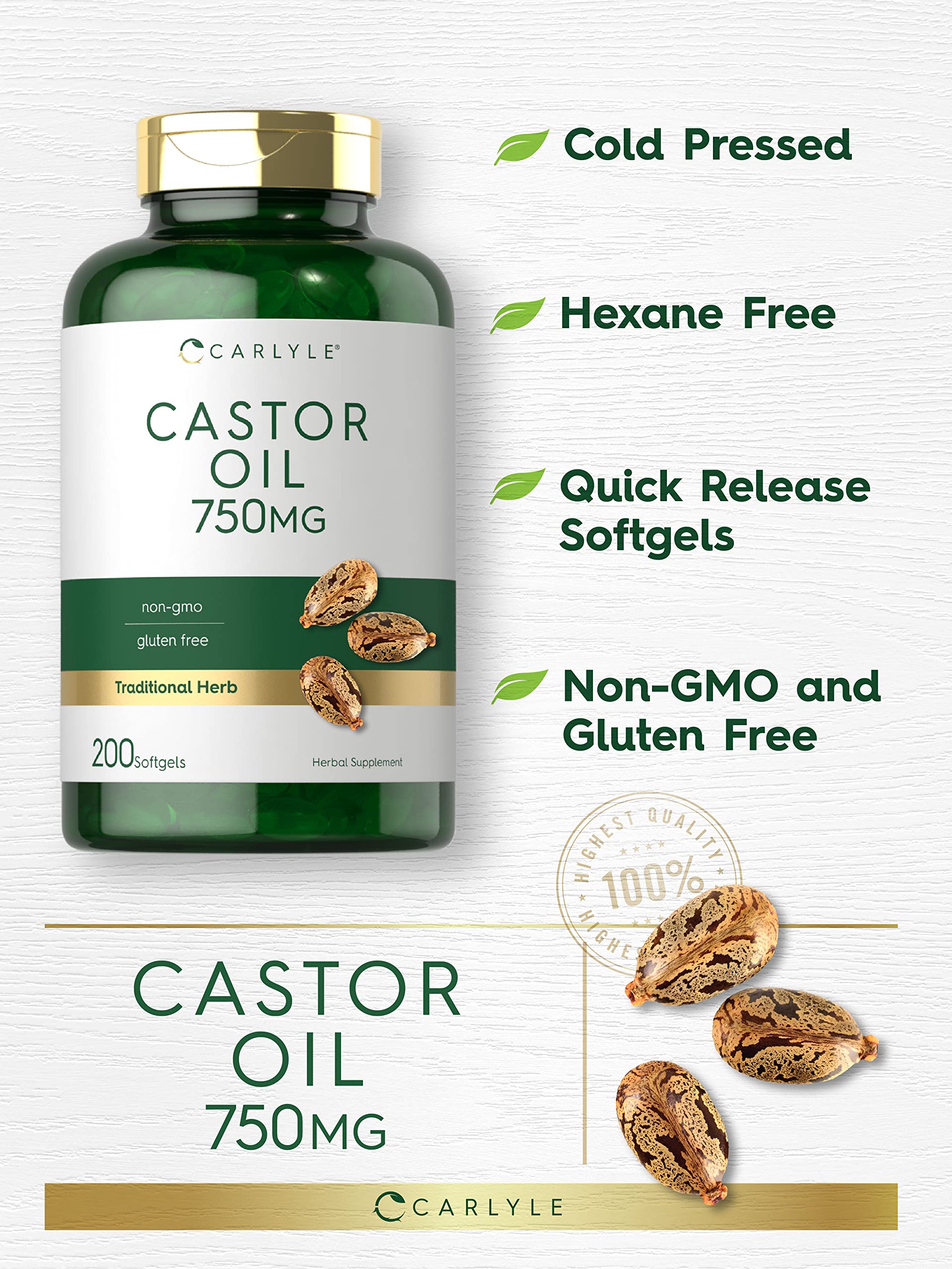 Carlyle Castor Oil label close-up showing lab-tested, non-GMO claims