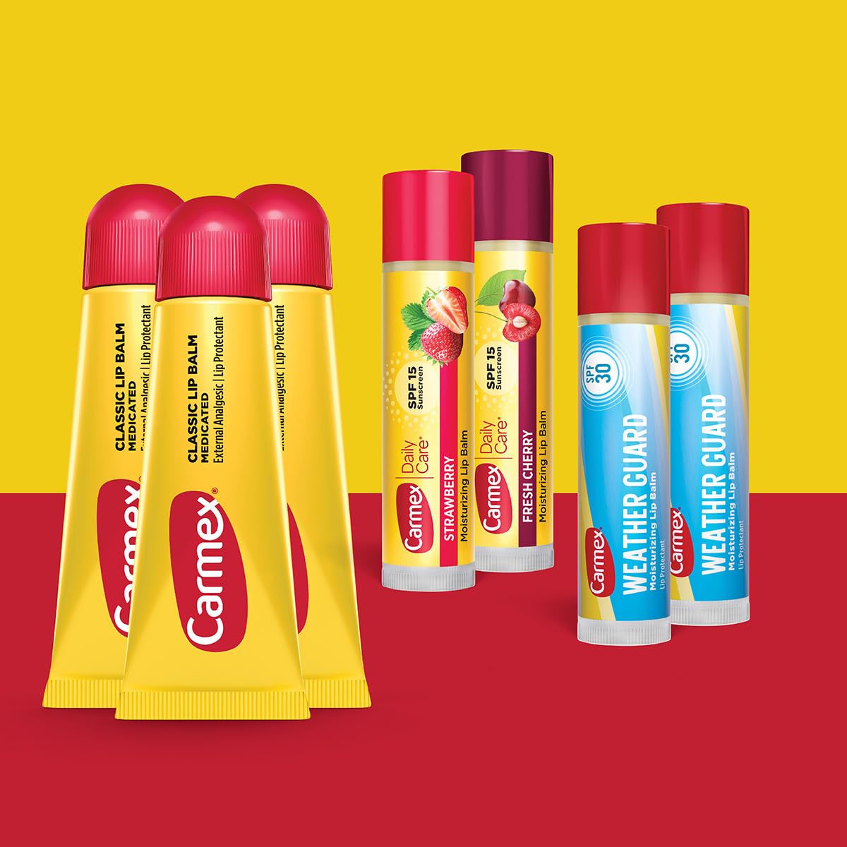 Carmex Classic lip balm tube closeup showing cooling menthol and cocoa butter