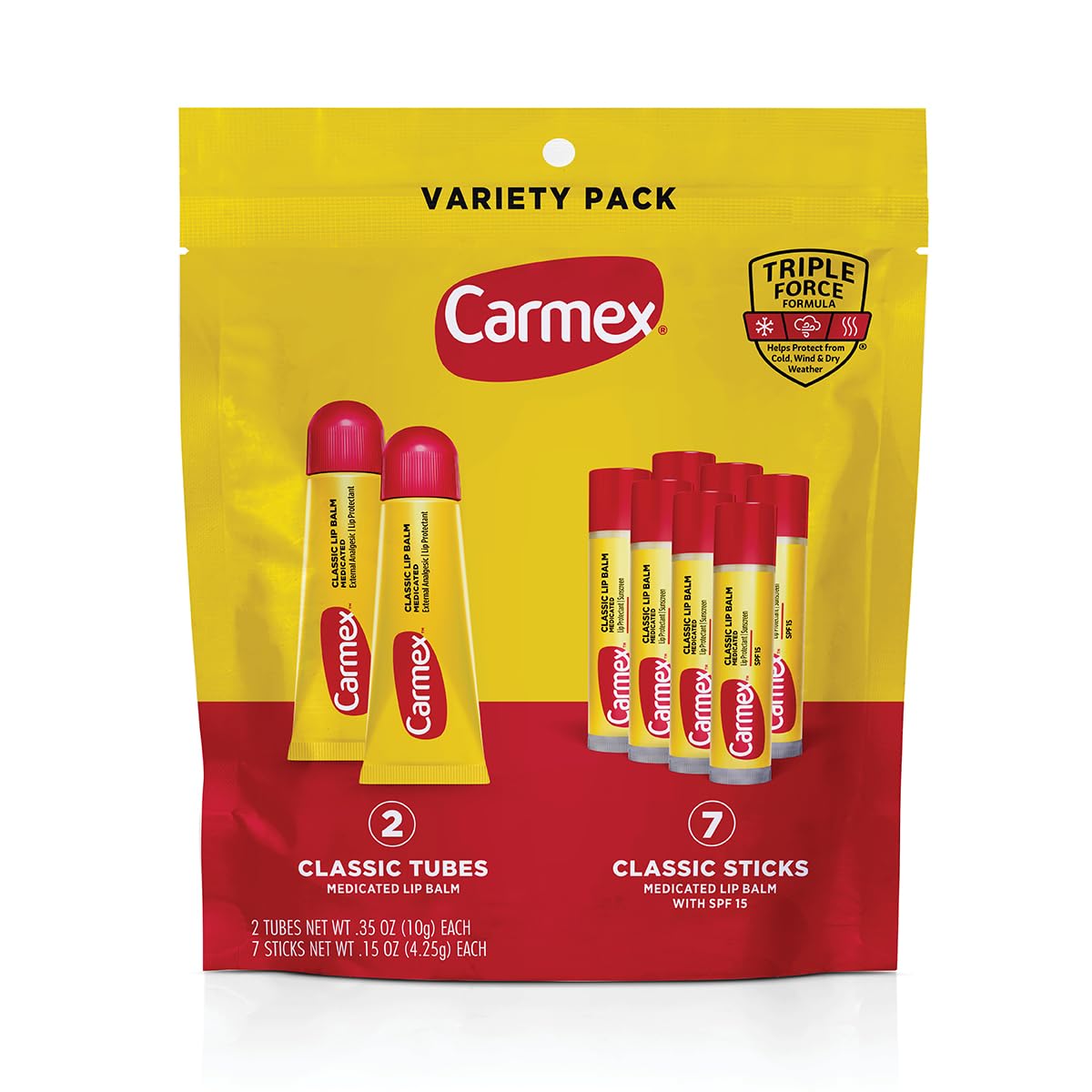 Carmex Classic Medicated Lip Balm Pack outer box for on-the-go protection.