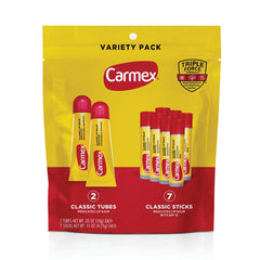 Carmex Classic Medicated Lip Balm Pack outer box for on-the-go protection.