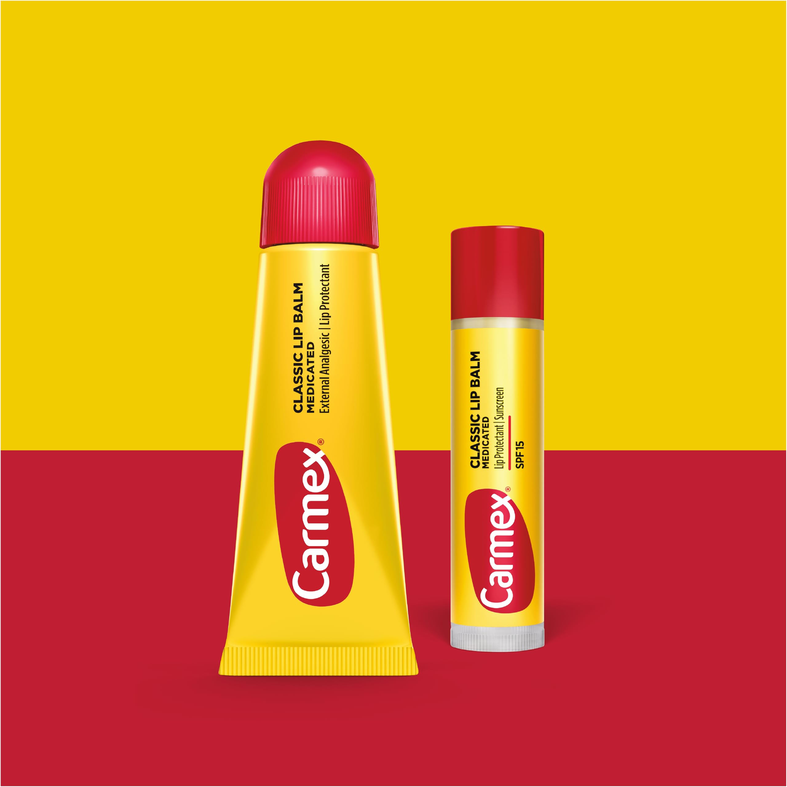 Carmex Classic Medicated Lip Balm Sticks with SPF 15 for sun protection.