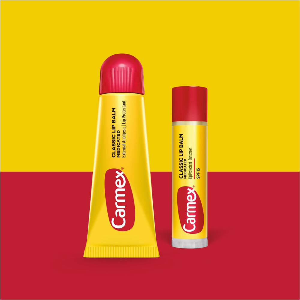 Carmex Classic Medicated Lip Balm Sticks with SPF 15 for sun protection.