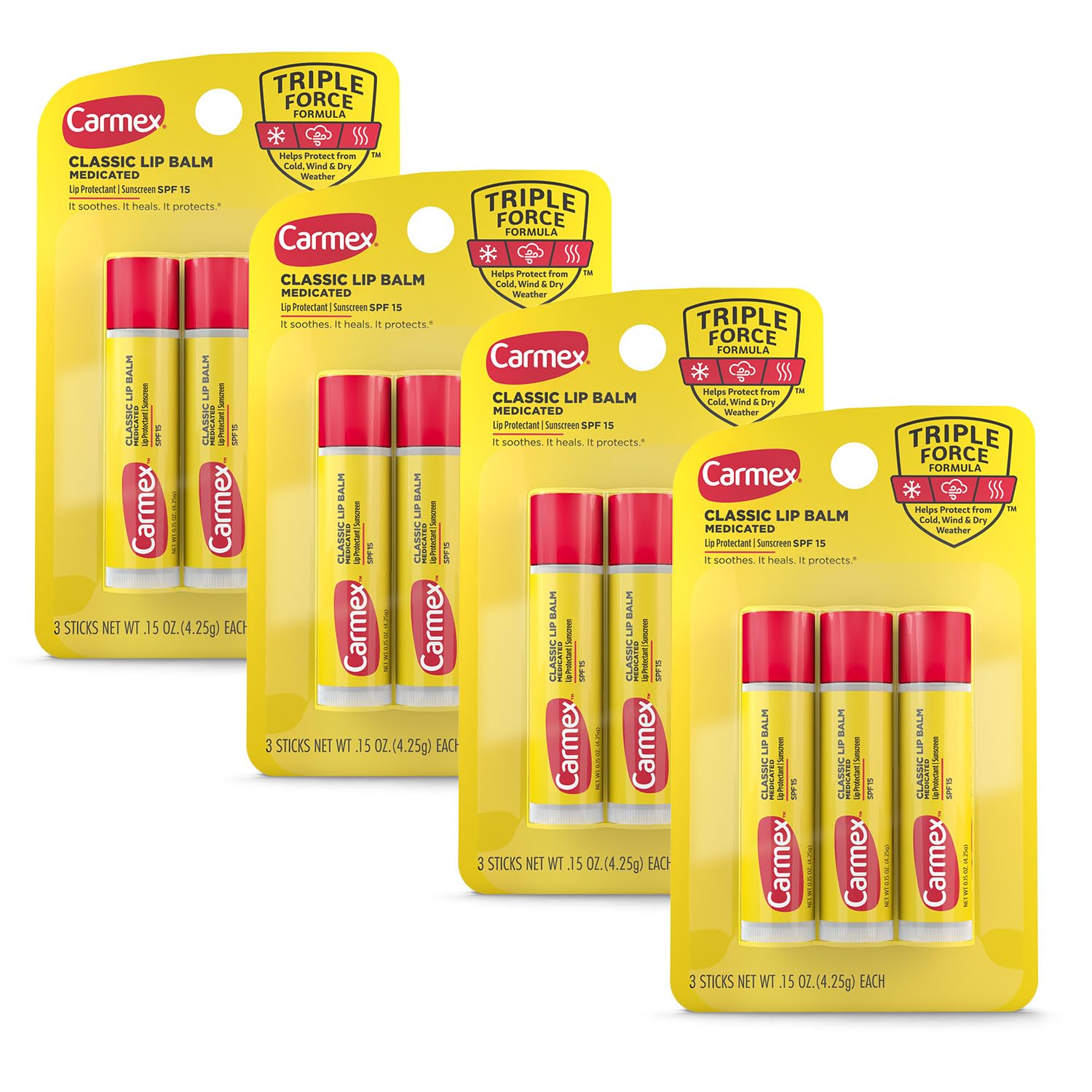 Carmex classic medicated lip balm stick packaging shows four-pack convenience for on-the-go protection.