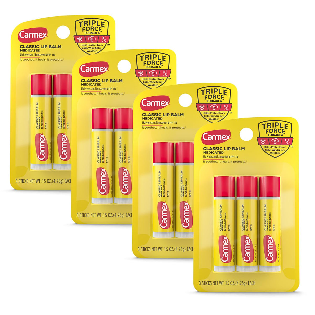 Carmex classic medicated lip balm stick packaging shows four-pack convenience for on-the-go protection.