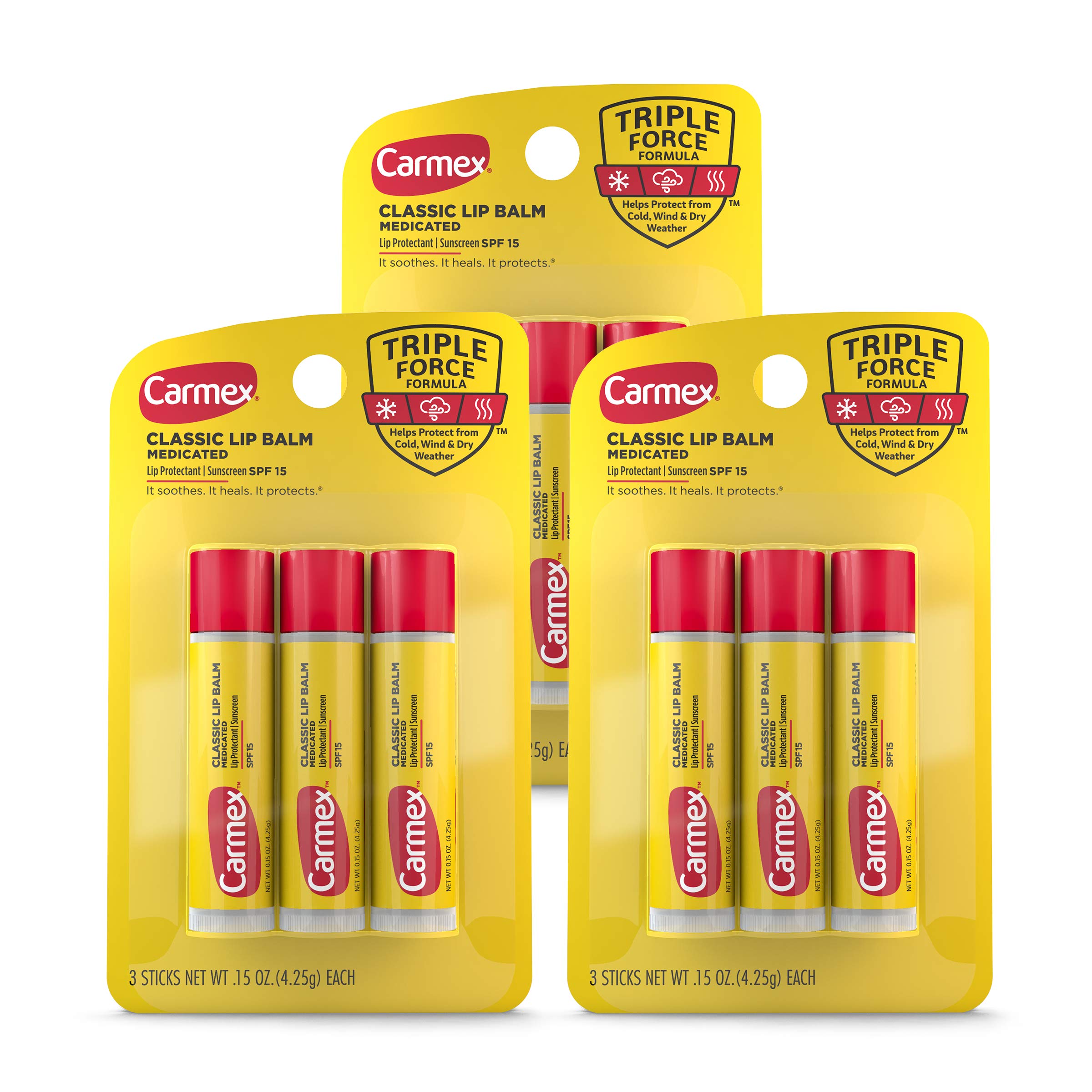 Carmex classic medicated lip balm stick three-pack front view for all-day lip moisture.