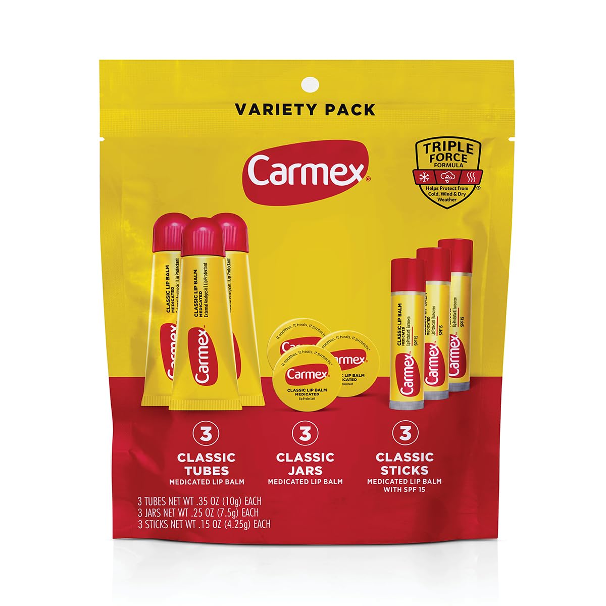 Carmex Classic Medicated Lip Balm tube application for menthol cooling and moisture.