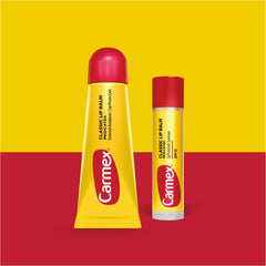 Carmex Classic Medicated Lip Balm tubes close-up showing smooth glide.
