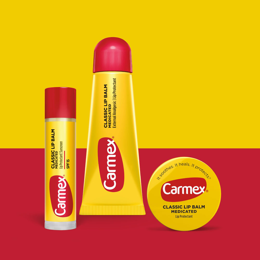 Carmex Classic Medicated Lip Balm Tubes Pack displays convenient on-the-go moisture