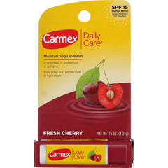 Carmex Click-Stick Cherry close-up showing SPF 15 and moisturizing formula.