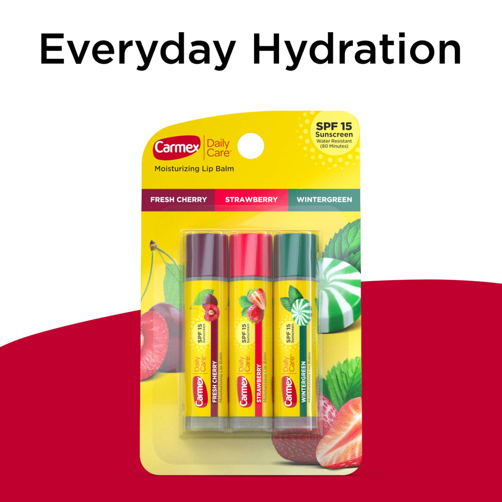 Carmex Daily Care triple-pack packaging showing three flavors