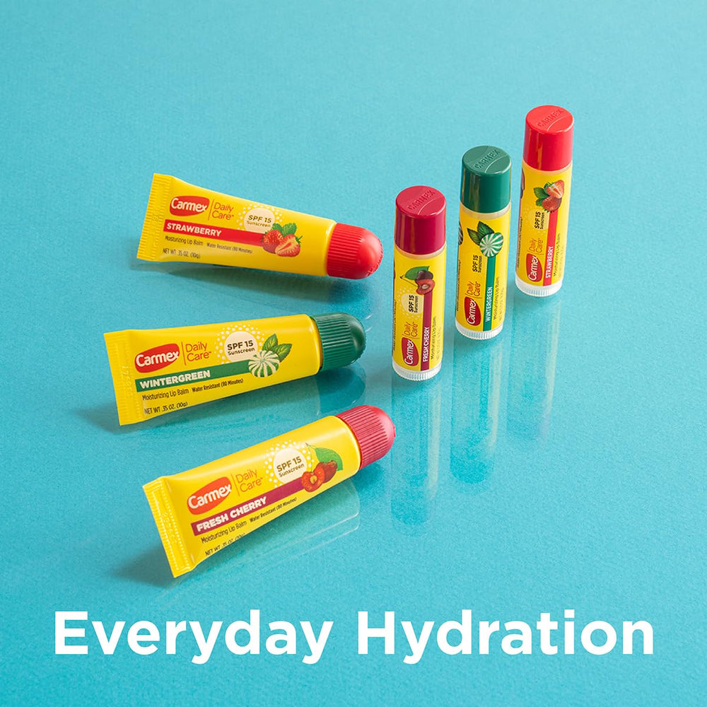 Carmex SPF 15 protection graphic highlights daily lip sun defense.