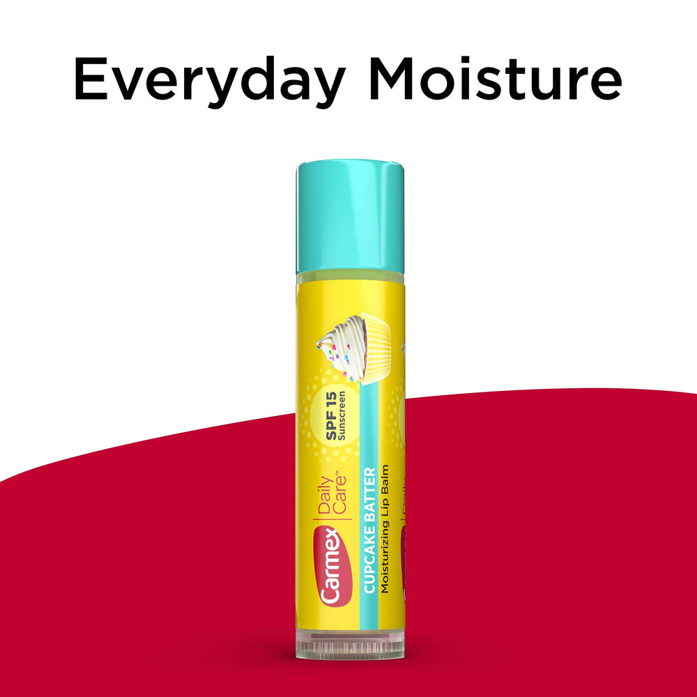 Carmex Cupcake Batter lip balm texture close-up highlights creamy glide.
