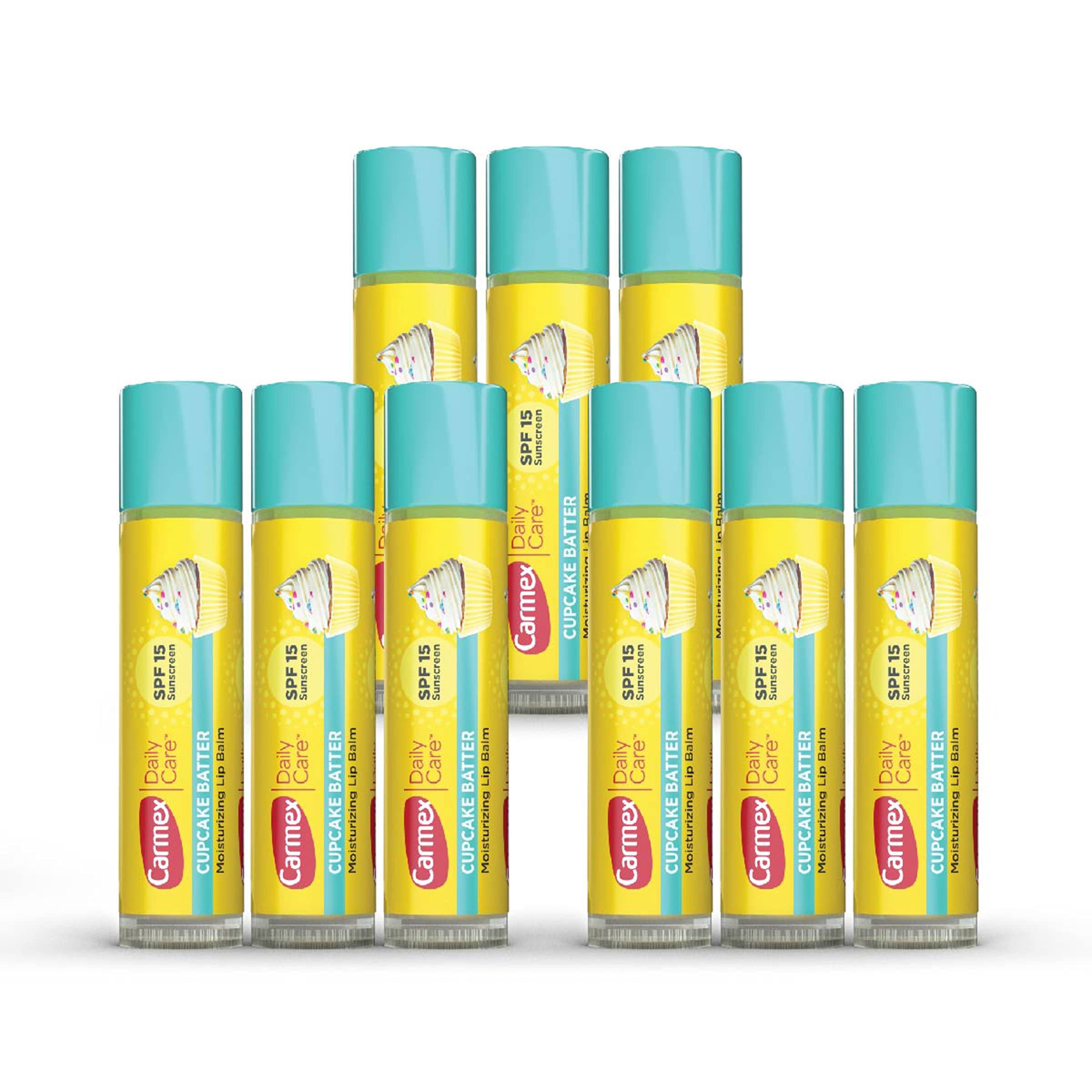 Carmex Daily Care Lip Balm Stick Cupcake Batter packaging shows a 9-count bundle for everyday lip protection.