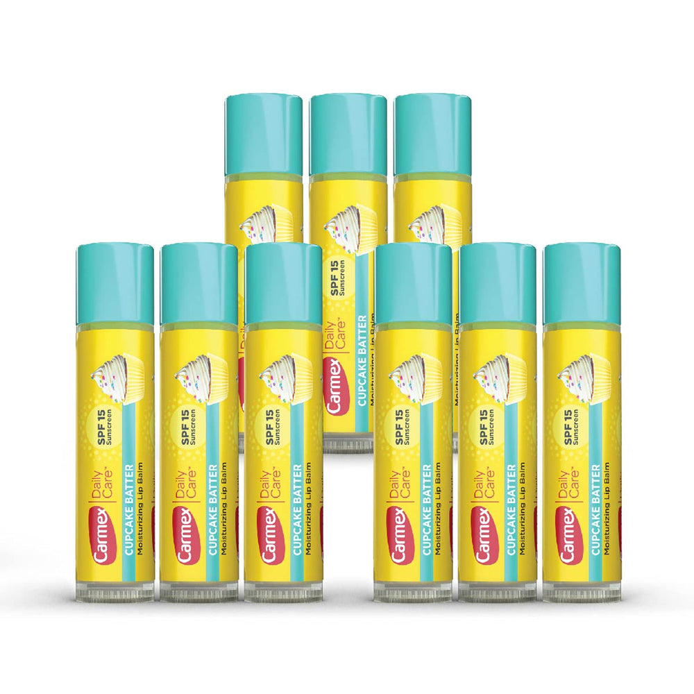 Carmex Daily Care Lip Balm Stick Cupcake Batter packaging shows a 9-count bundle for everyday lip protection.