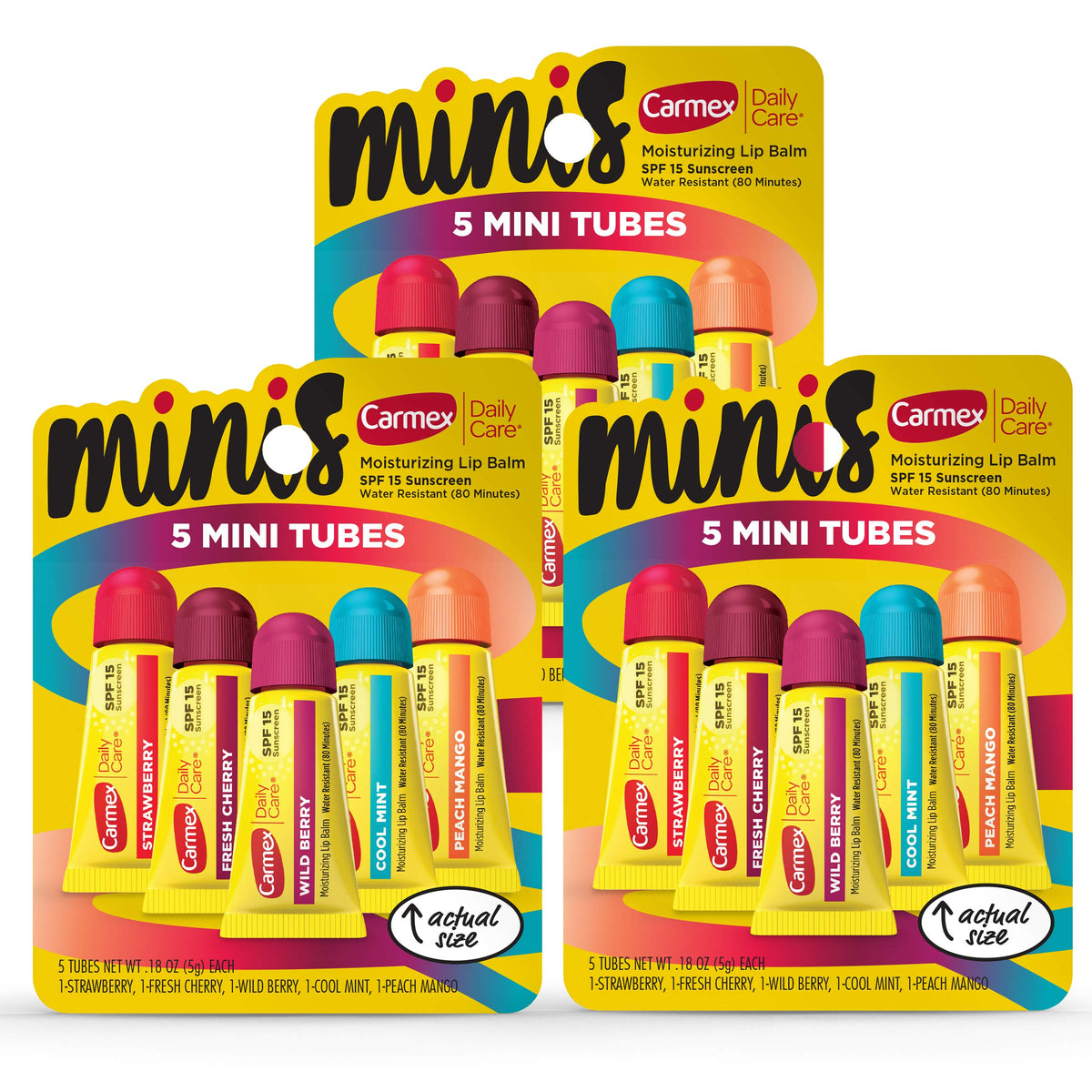 Carmex Daily Care Minis pack shot showing 15 tubes for on-the-go sun protection.
