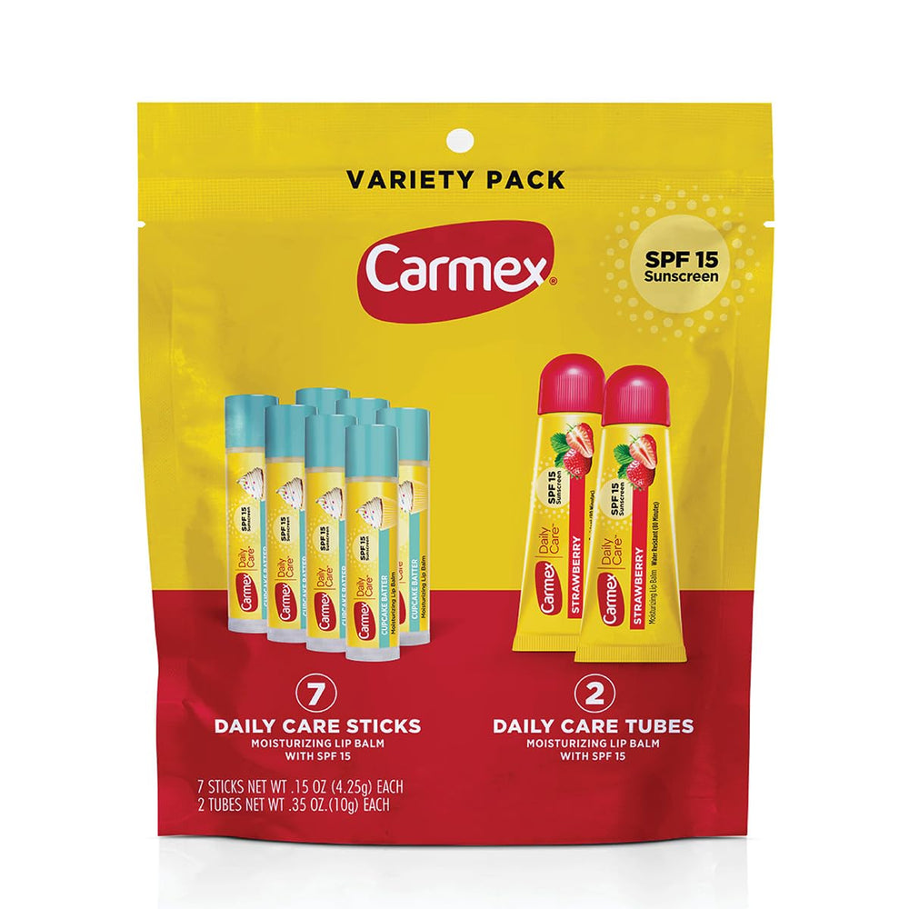 Carmex daily care strawberry stick with SPF 15 moisturizing lip balm for everyday protection.