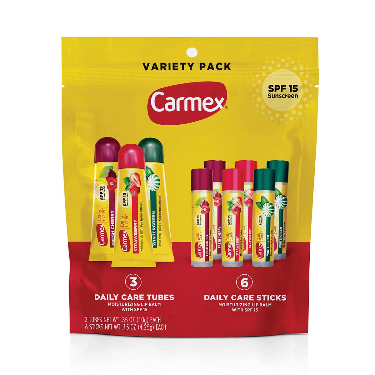 Carmex Daily Care Lip Balm Pack full variety bag with 3 tubes and 6 sticks.