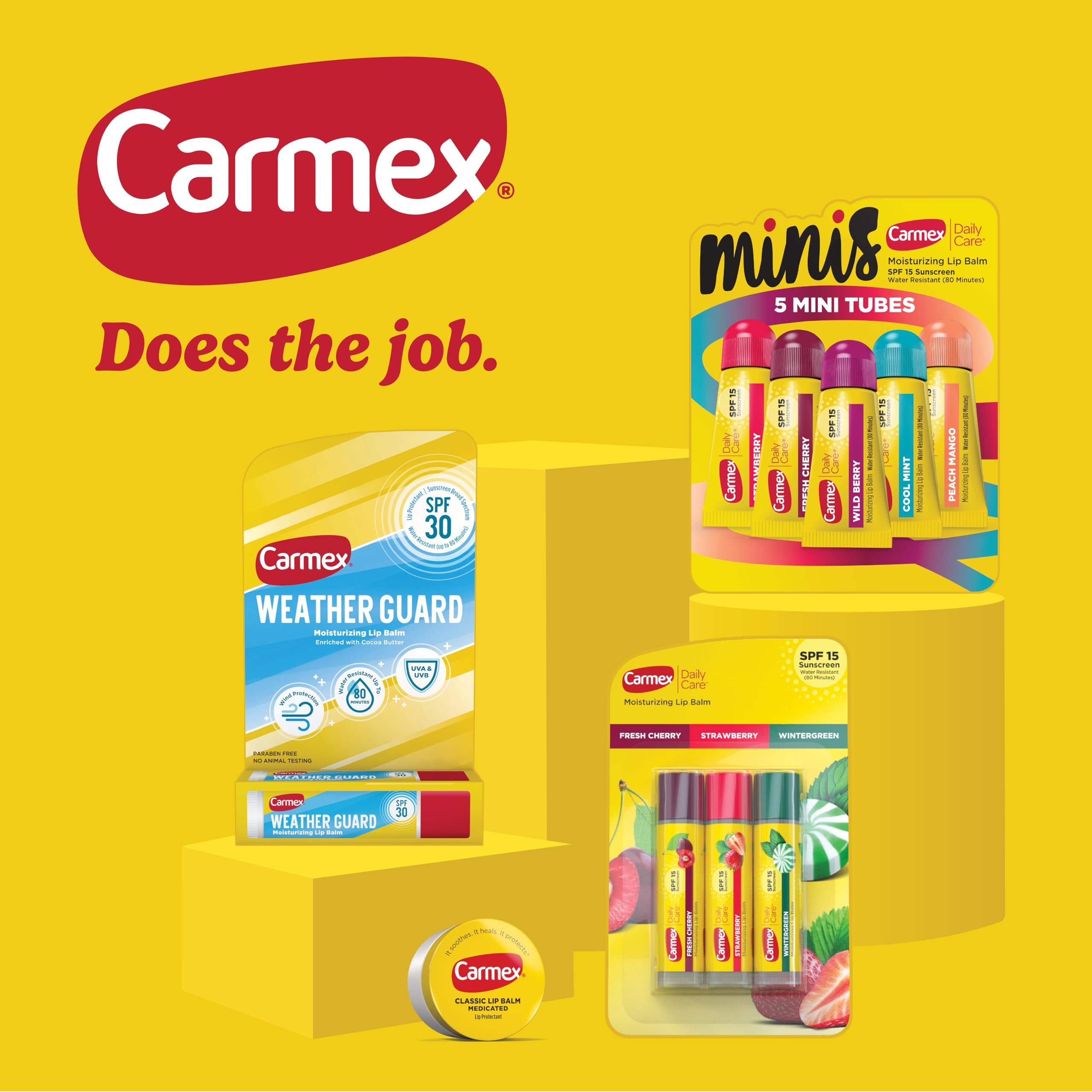 Carmex SPF15 lip balm stick pack ready for travel and outdoors.