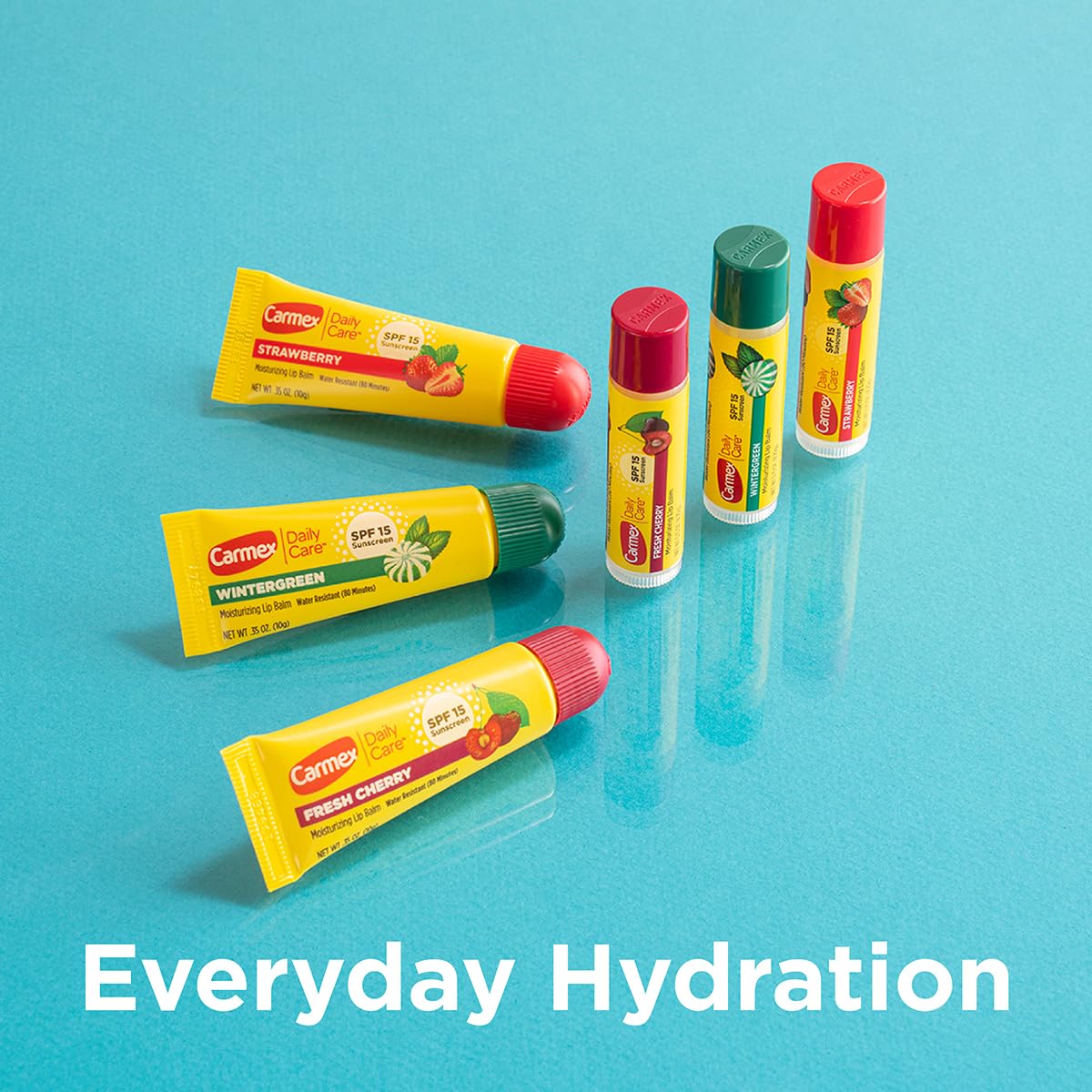Carmex lip balm water-resistance concept image illustrating up to 80 minutes stay-put wear.