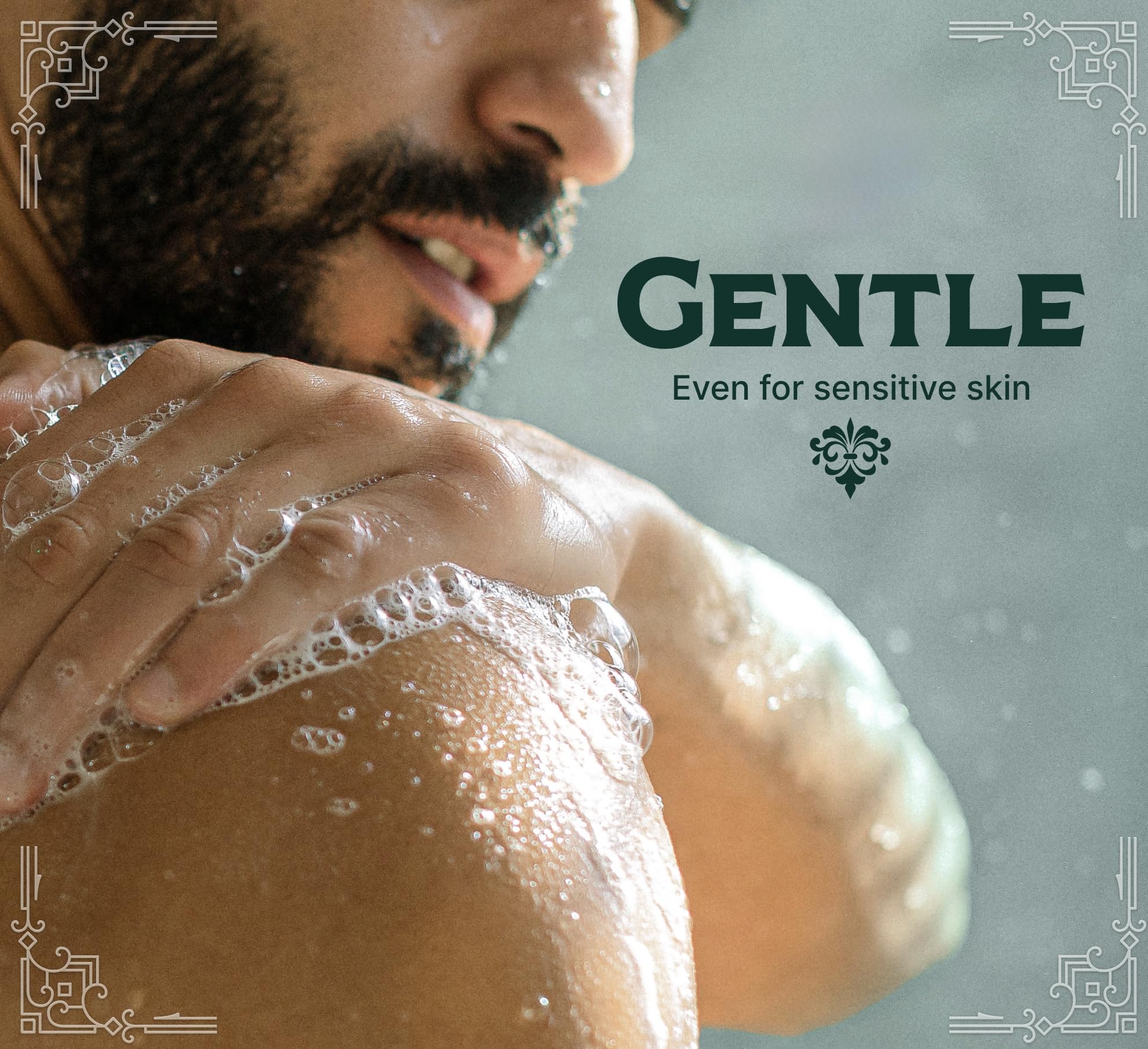 Carolina Castile Soap Gin & Juniper bottle displays cocoa butter image for nourishing care.